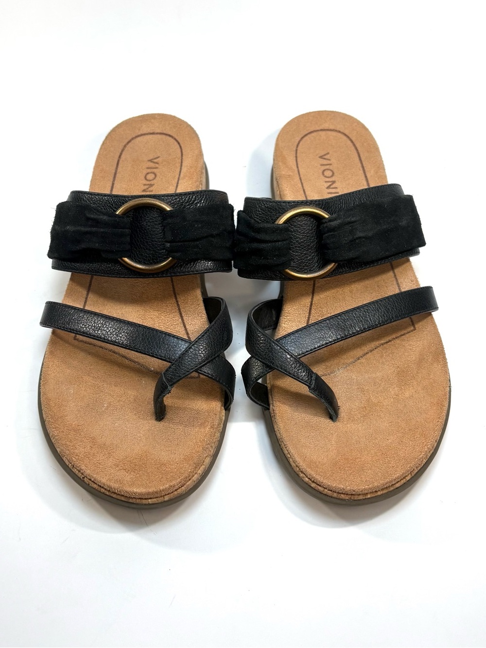 Vionic Black and Tan Dual-Strap Slide Sandals